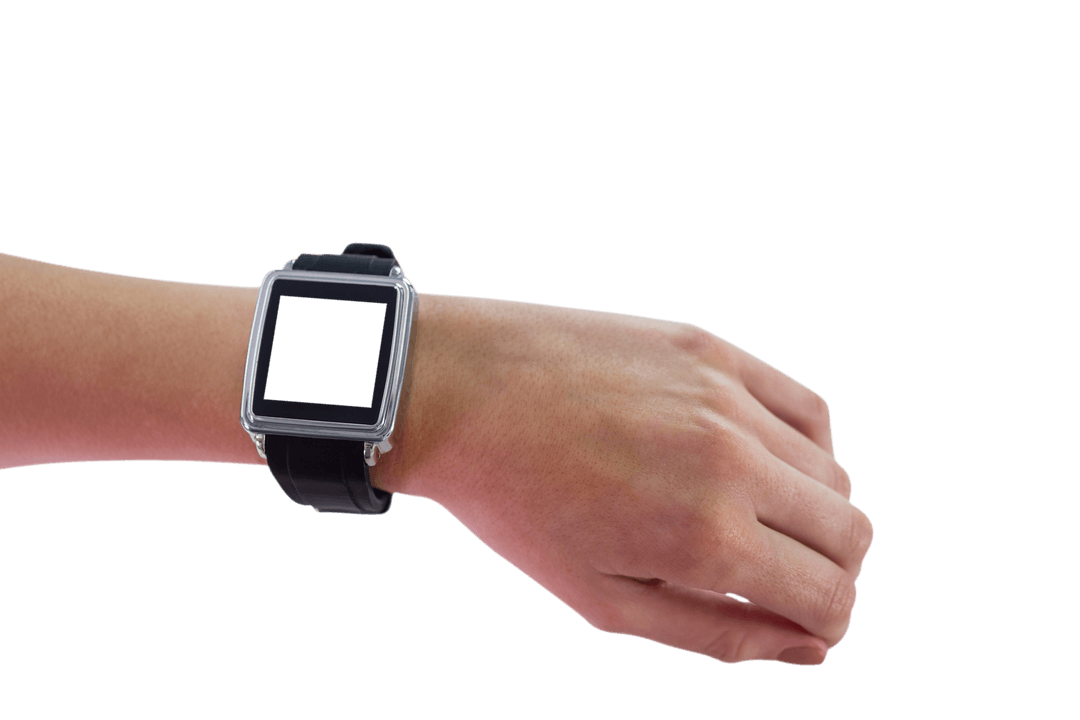 Hand holding smartwatch with transparent background for copy space design