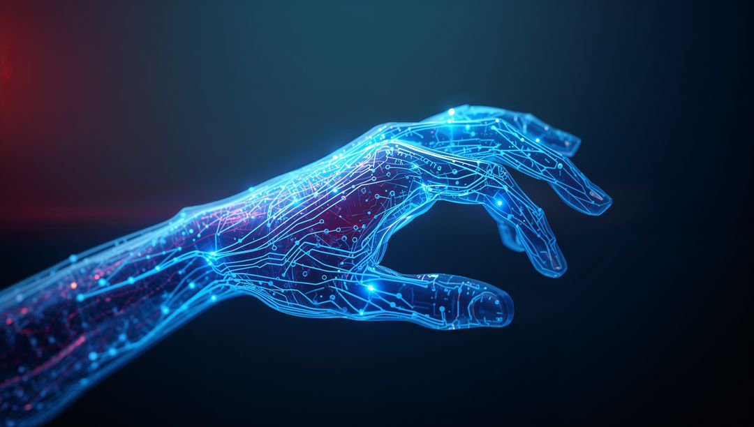 Futuristic Hand with Circuit Pathways and Glowing Nodes