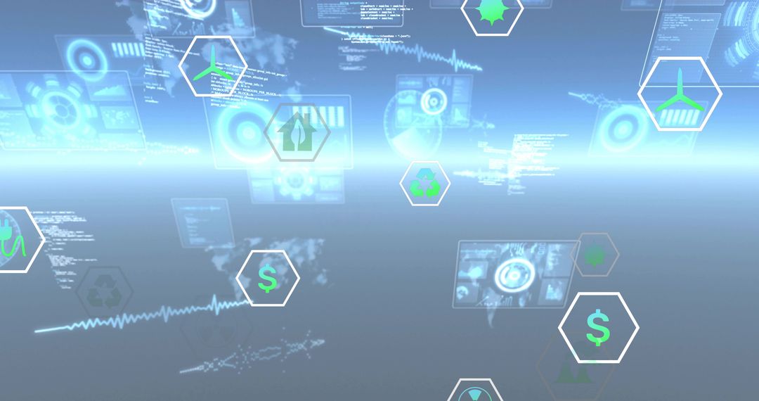 Holographic Financial Environmental HUD with Floating Hex Icons and Futuristic Data Analytics