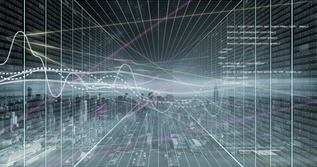 Financial Data Visualization Over Cityscape with Grid Pattern
