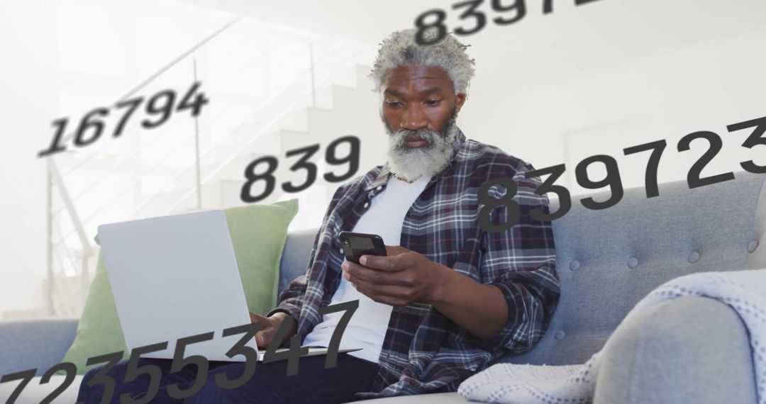 Man Managing Digital Data Surrounded by Information Flow at Home