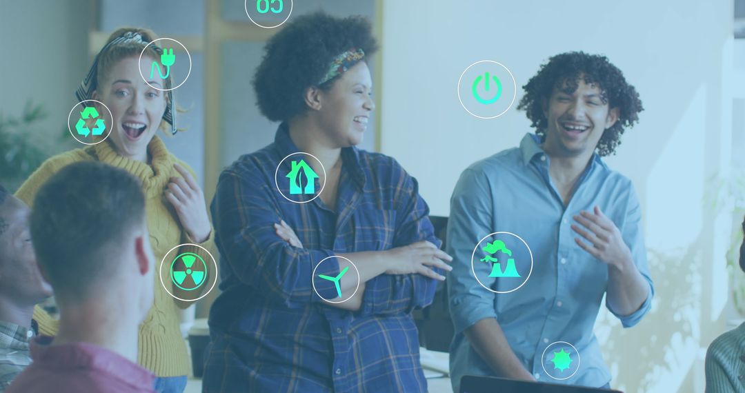 Ecology Icons with Diverse Professionals Collaborating in Office