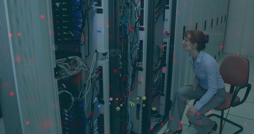 Female Engineer Monitoring Server Room with Digital Overlay