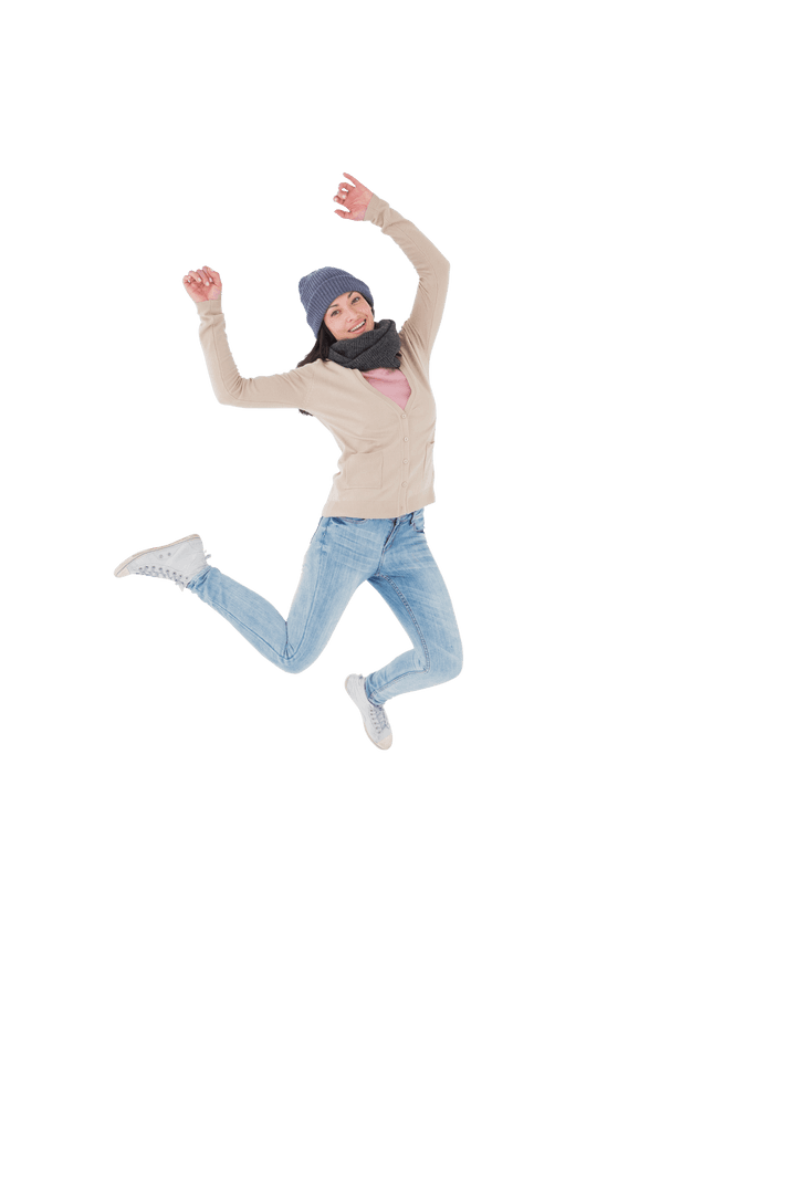 Joyful Caucasian Woman Jumping in Winter Attire on Transparent Background