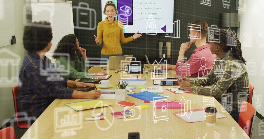 Diverse Team Collaborating on Tech Design Project with Digital Icons Overlay