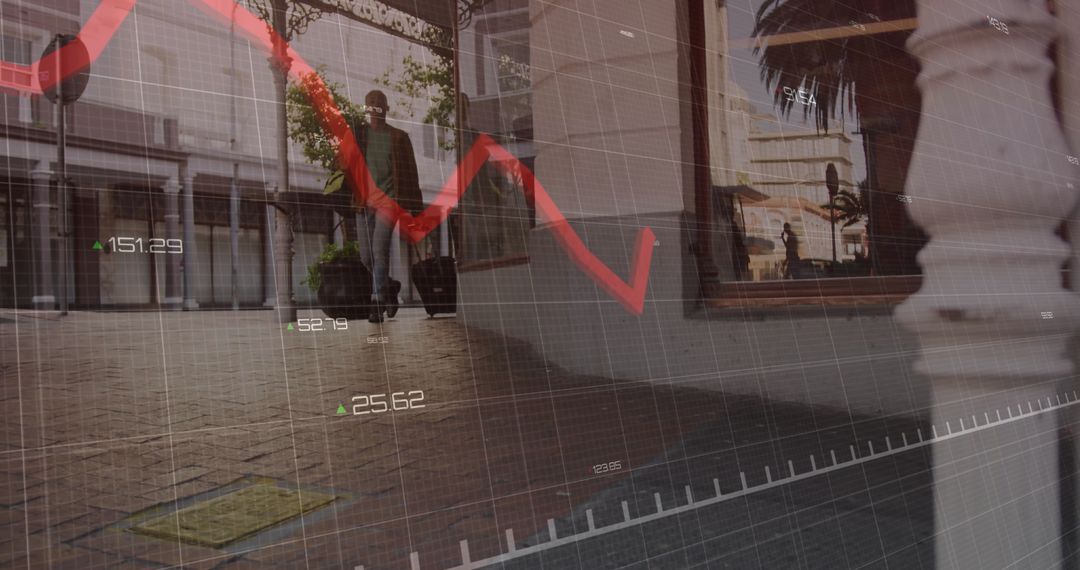Traveler Navigating Arcade with Financial Graph Overlay