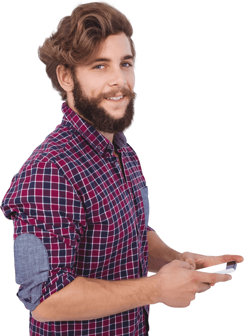 Confident Bearded Man Using Smartphone Transparent Background