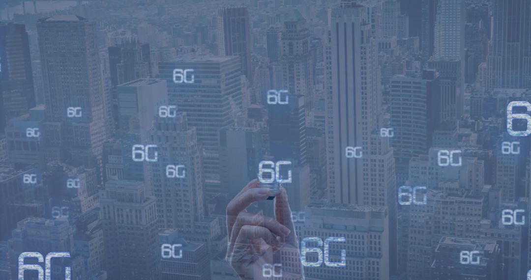 6G Concept with Hand and Light Bulb over Urban Landscape