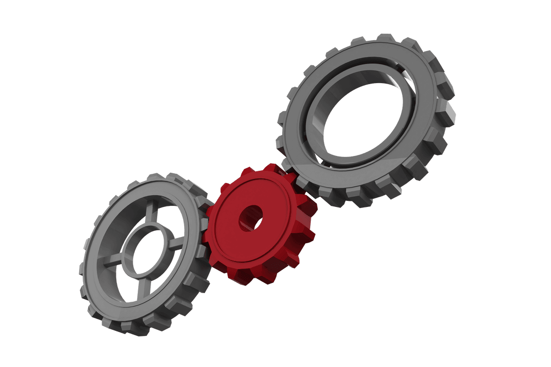 Rotating Metal Gears Highlighting Red Gear on Transparent Background