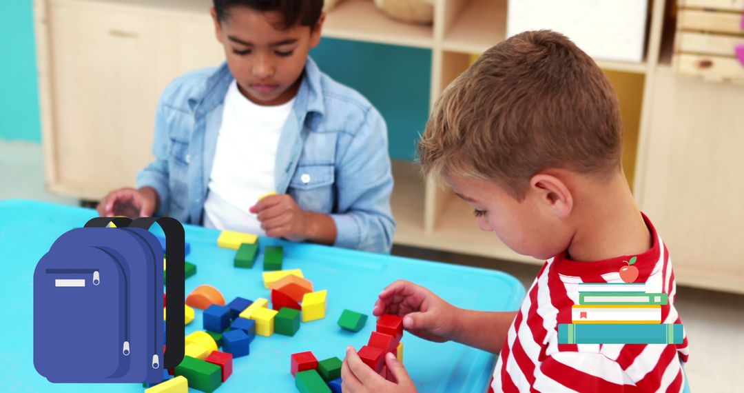 Children Engaging with Colorful Building Blocks in Classroom Learning Activity