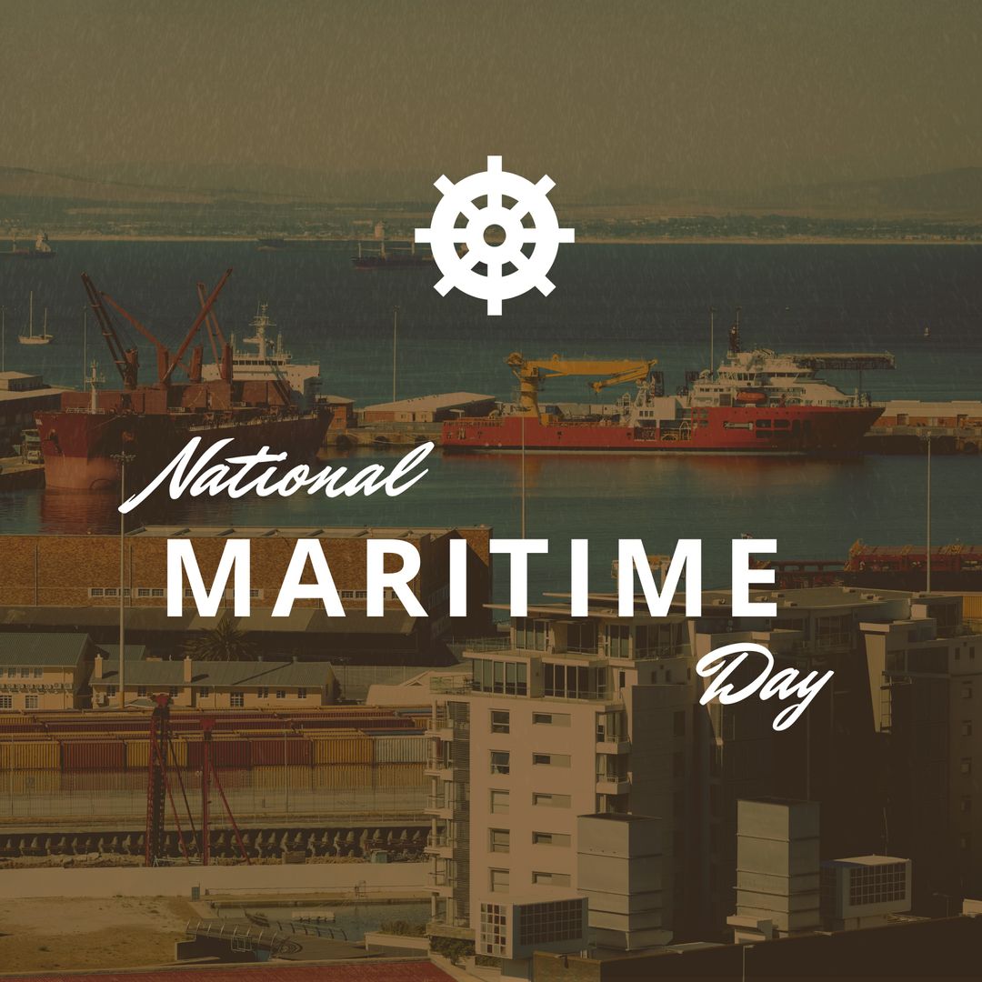 National Maritime Day Text Over Harbor with Ships - Download Free Stock Templates Pikwizard.com