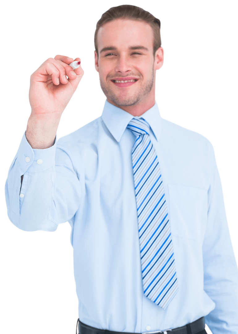 Transparent Smiling Businessman Writing with Marker in Hand