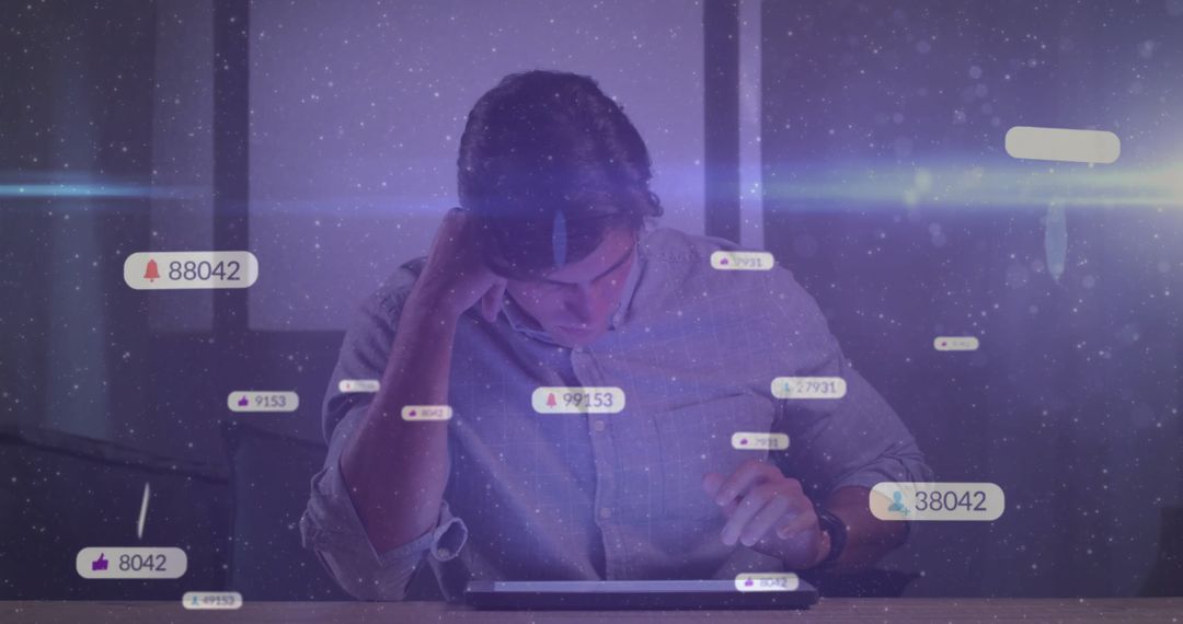 Man Engaging Interactively on Tablet with Notification Overlay