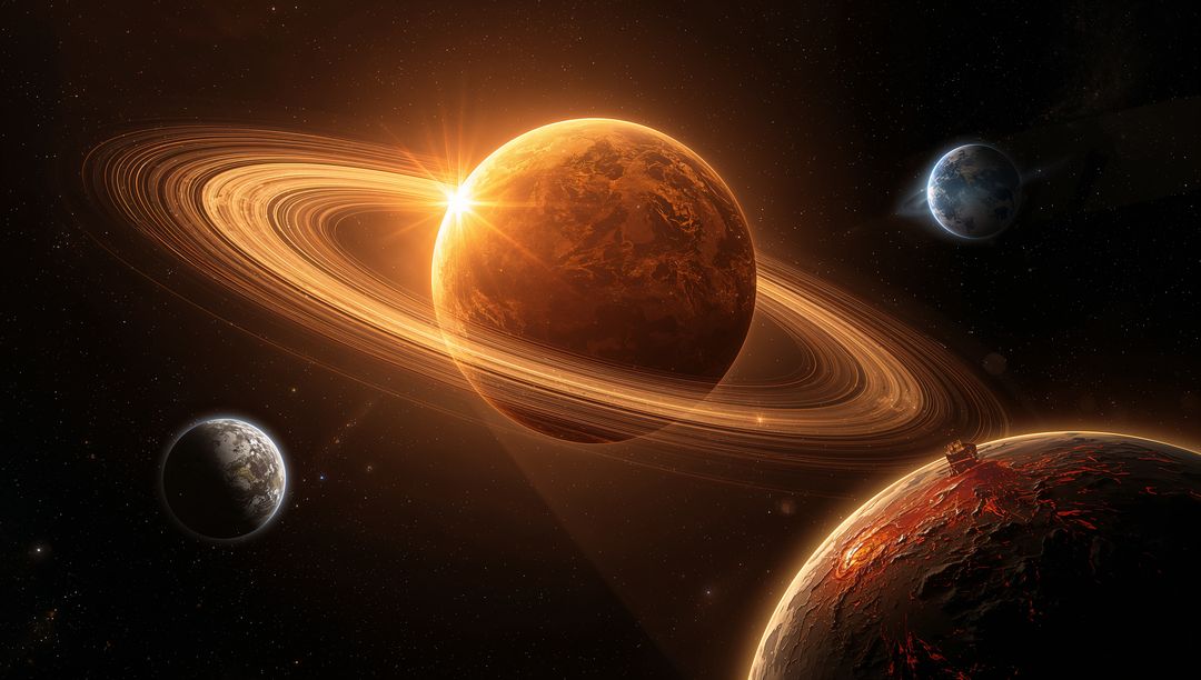 Orbiting Ringed Planet with Glowing Rings in Deep Space