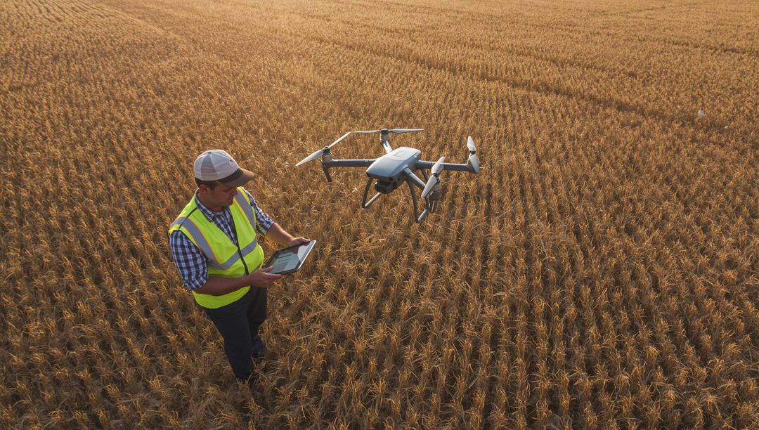 Farm Worker Navigating Quadcopter Over Wheat Fields for Crop Monitoring