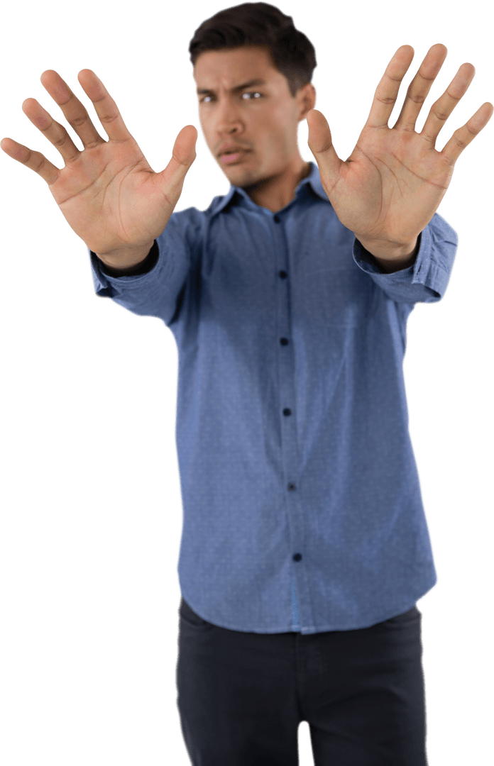Transparent Gesturing Young Man with Open Hands