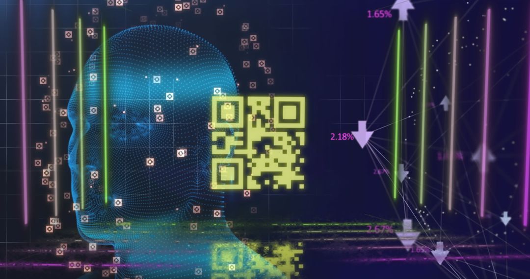 Futuristic Head with QR Code and Digital Analytics