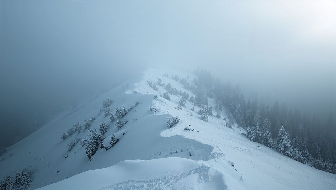 Misty alpine ridge stretching into fog with wind-sculpted snowdrifts and cornices