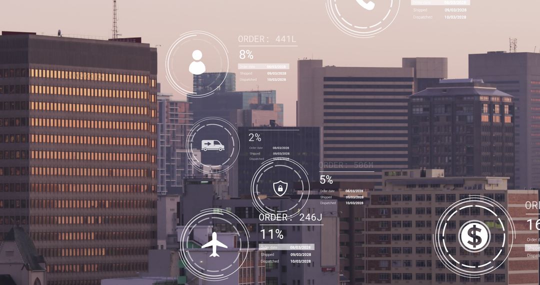 Futuristic Data Analytics Over Urban Landscape at Sunset