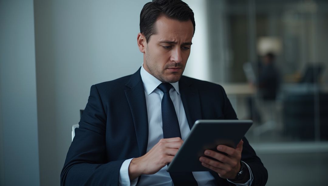 Business Professional Using Tablet for Data Analysis in Office