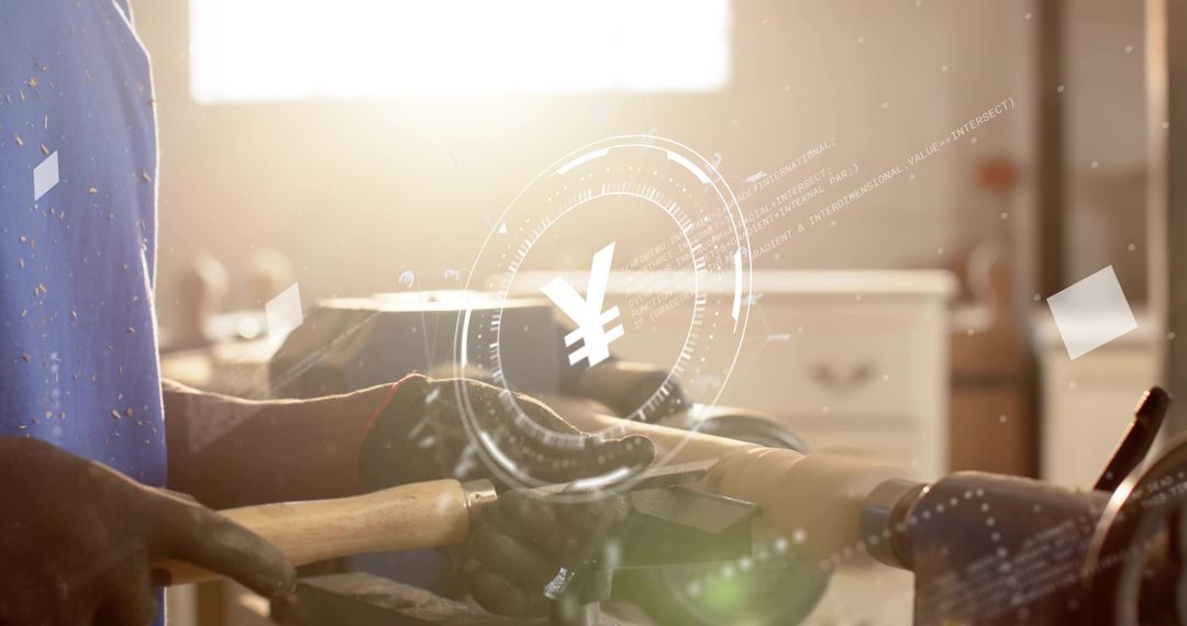 Gloved Woodworker Tapping Chisel on Lathe with Yen Currency Overlay for Craft Commerce