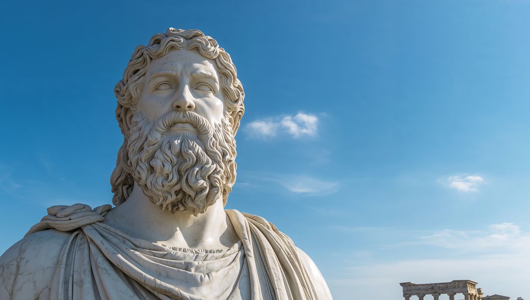 Sunlit marble bust of bearded ancient figure overlooking ruined colonnade