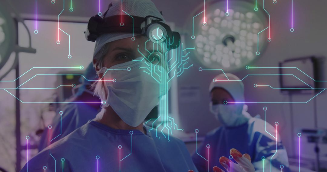 Futuristic Surgeon with Digital Circuit Overlay in Operating Room