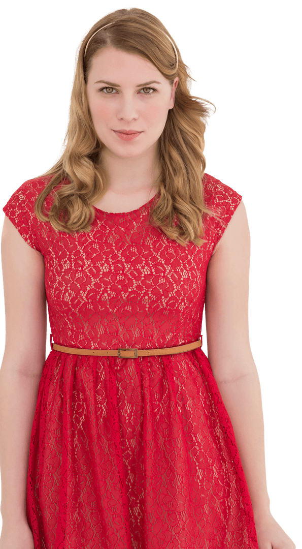 Elegant Woman in Red Lace Dress Smiling on Transparent Background