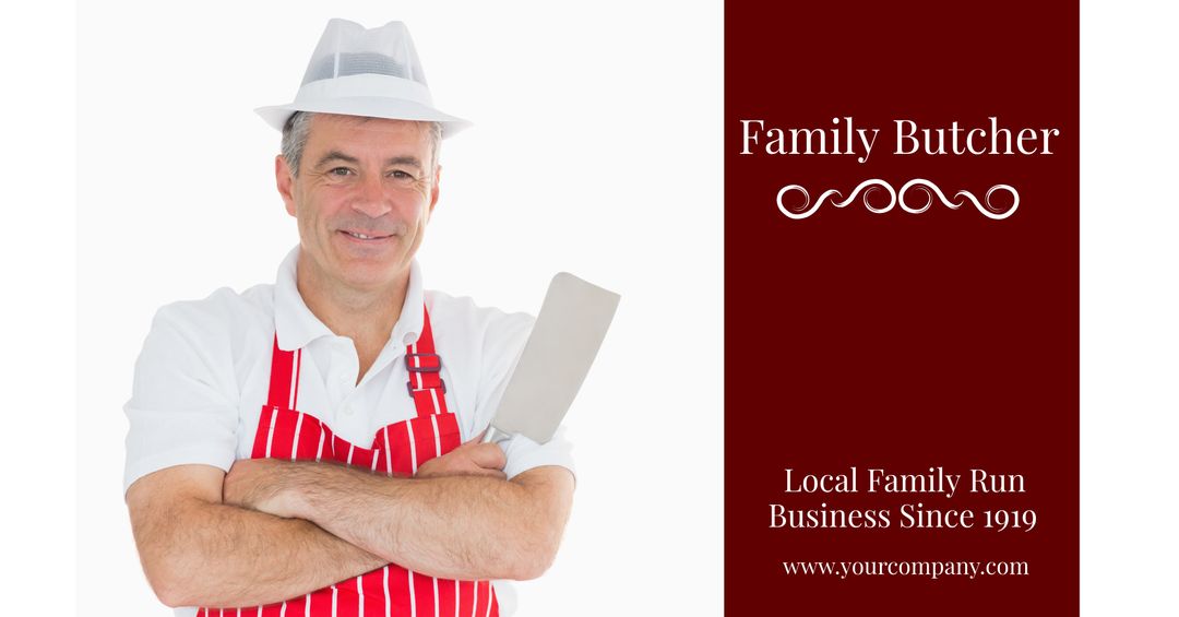 Smiling butcher holding cleaver promoting tradition