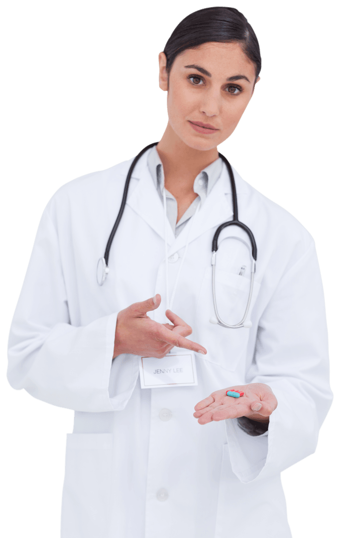 Female Doctor Holding and Pointing at Red and Blue Pill Isolated on Transparent Background