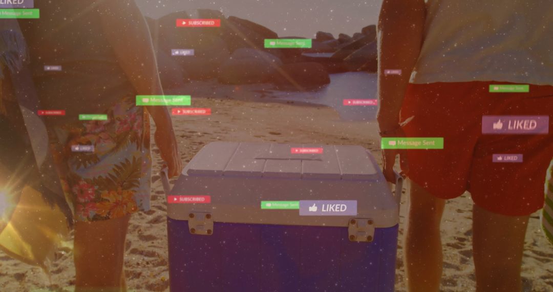 People Mingling by Cooler on Beach, Social Media Overimpression