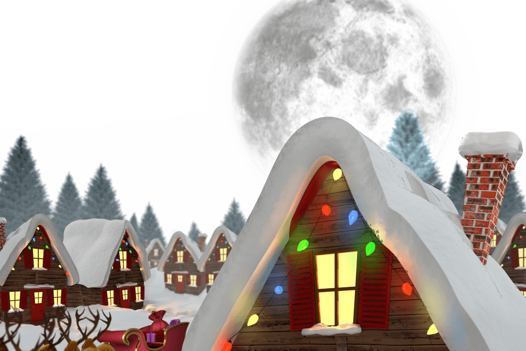 Cottages with Christmas Lights on Snowy Night with Transparent Background