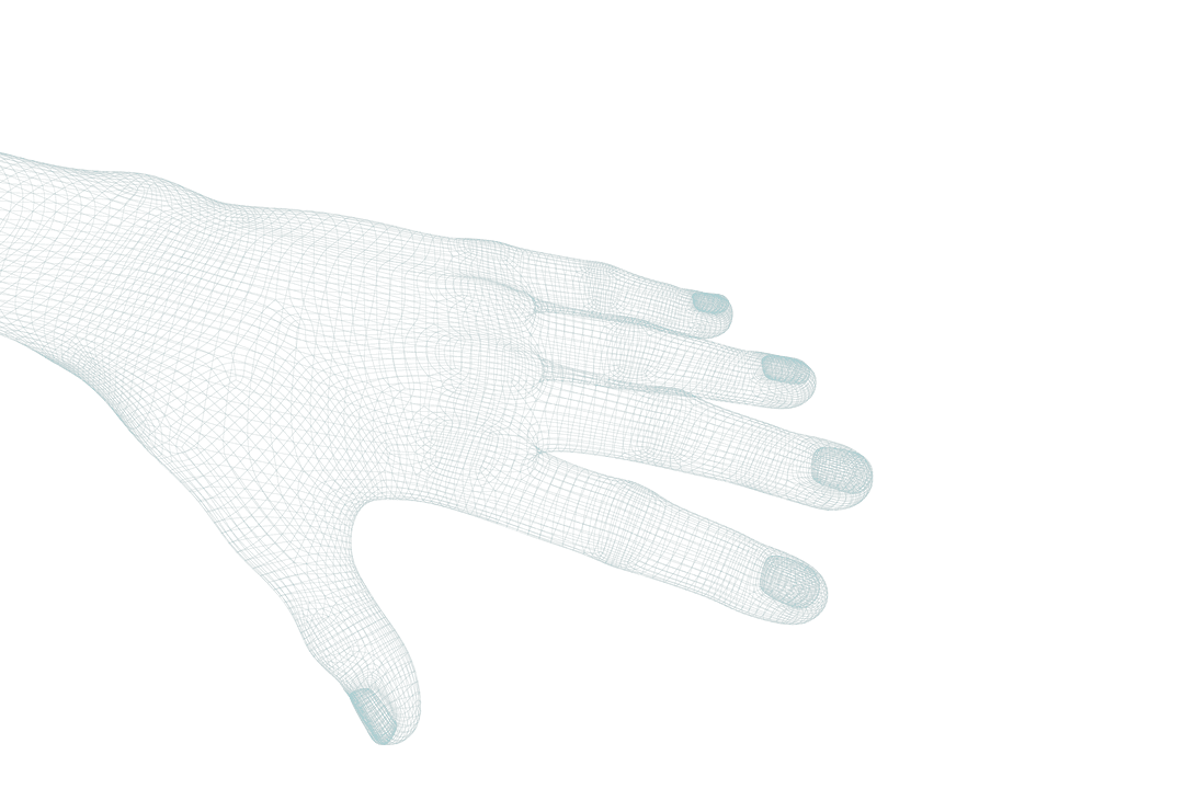 Transparent 3D Hand Wireframe Rendering Against Black Background