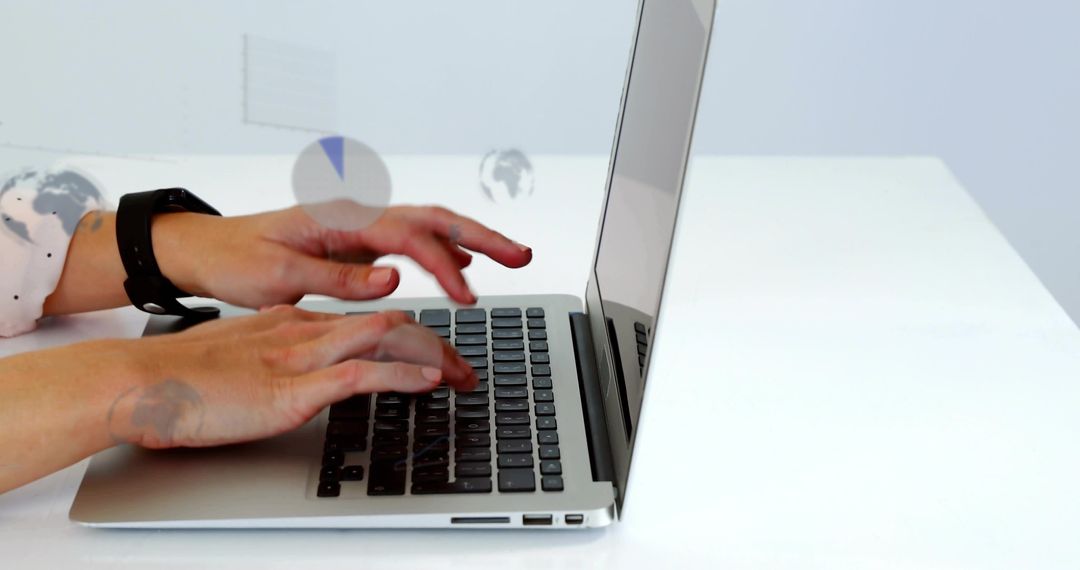 Typing Female Hands on Laptop Wearing Smartwatch with Floating Data Overlays for Analytics