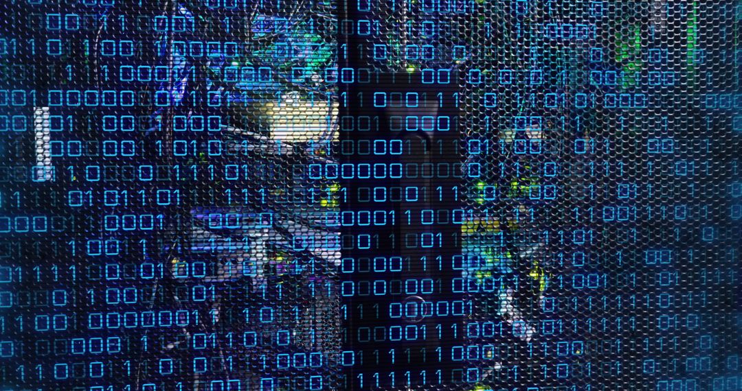Binary Code Superimposed on Server Racks in Data Center