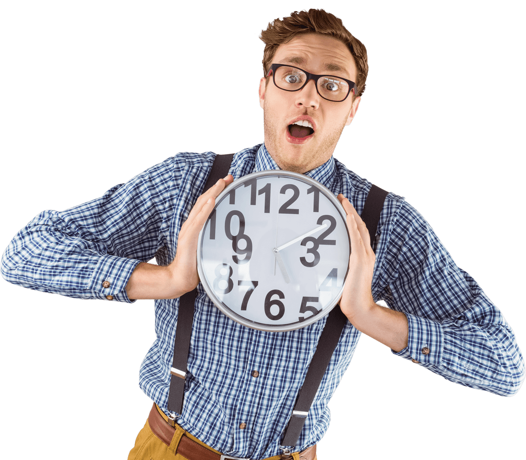 Geeky Businessman Surprised Holding Large Transparent Wall Clock