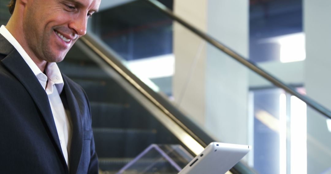 Smiling Businessman Using Tablet in Modern Office Building - Free Images, Stock Photos and Pictures on Pikwizard.com