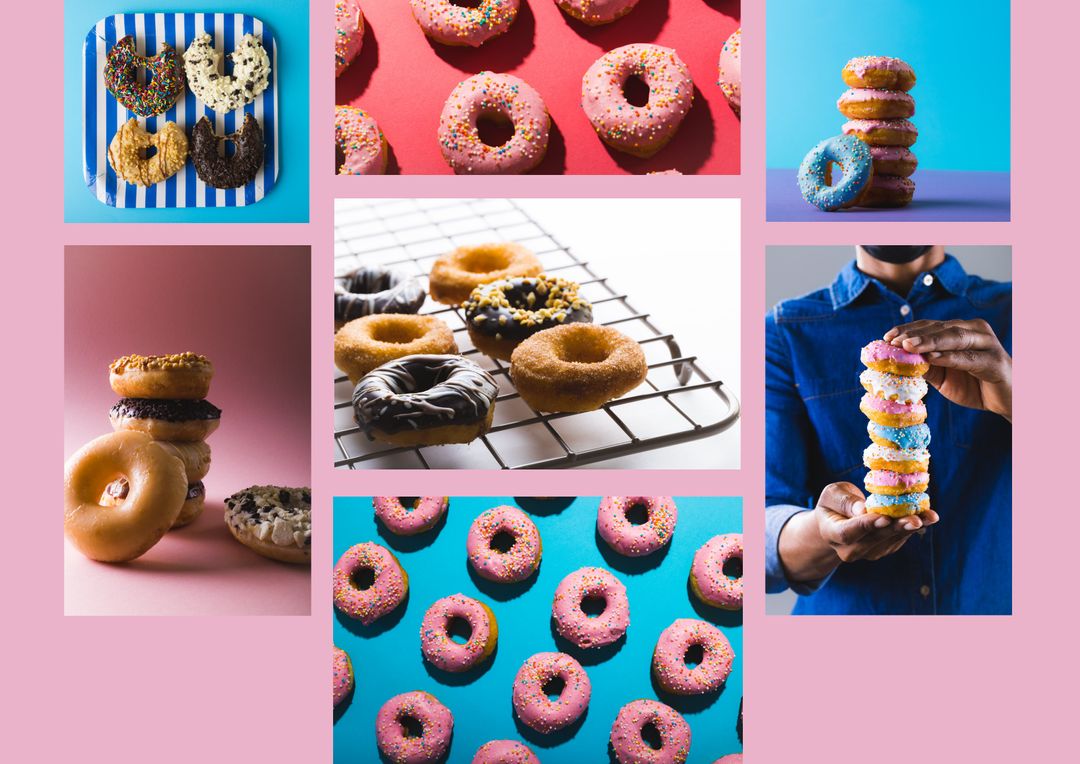 Colorful Donut Collage with Various Toppings and Backgrounds - Download Free Stock Templates Pikwizard.com