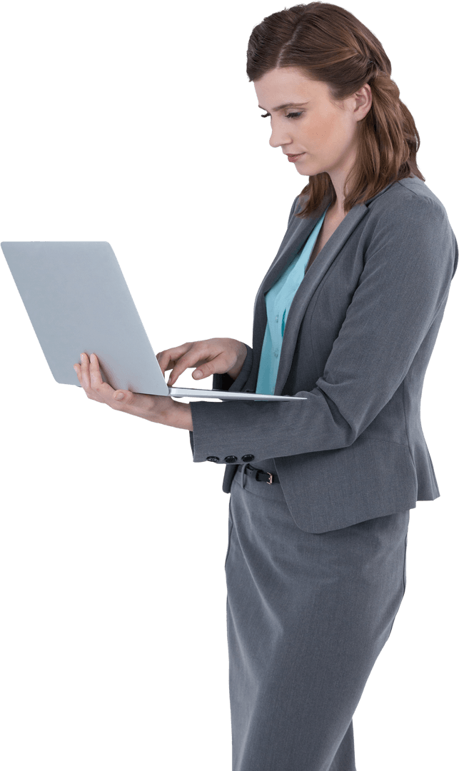 Professional Businesswoman Using Transparent Laptop Efficiently