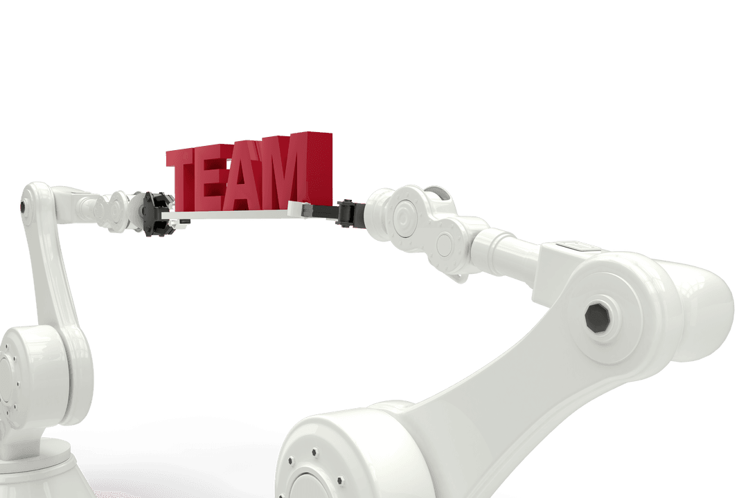Robotic Arms Holding Red Team Text on Transparent Background