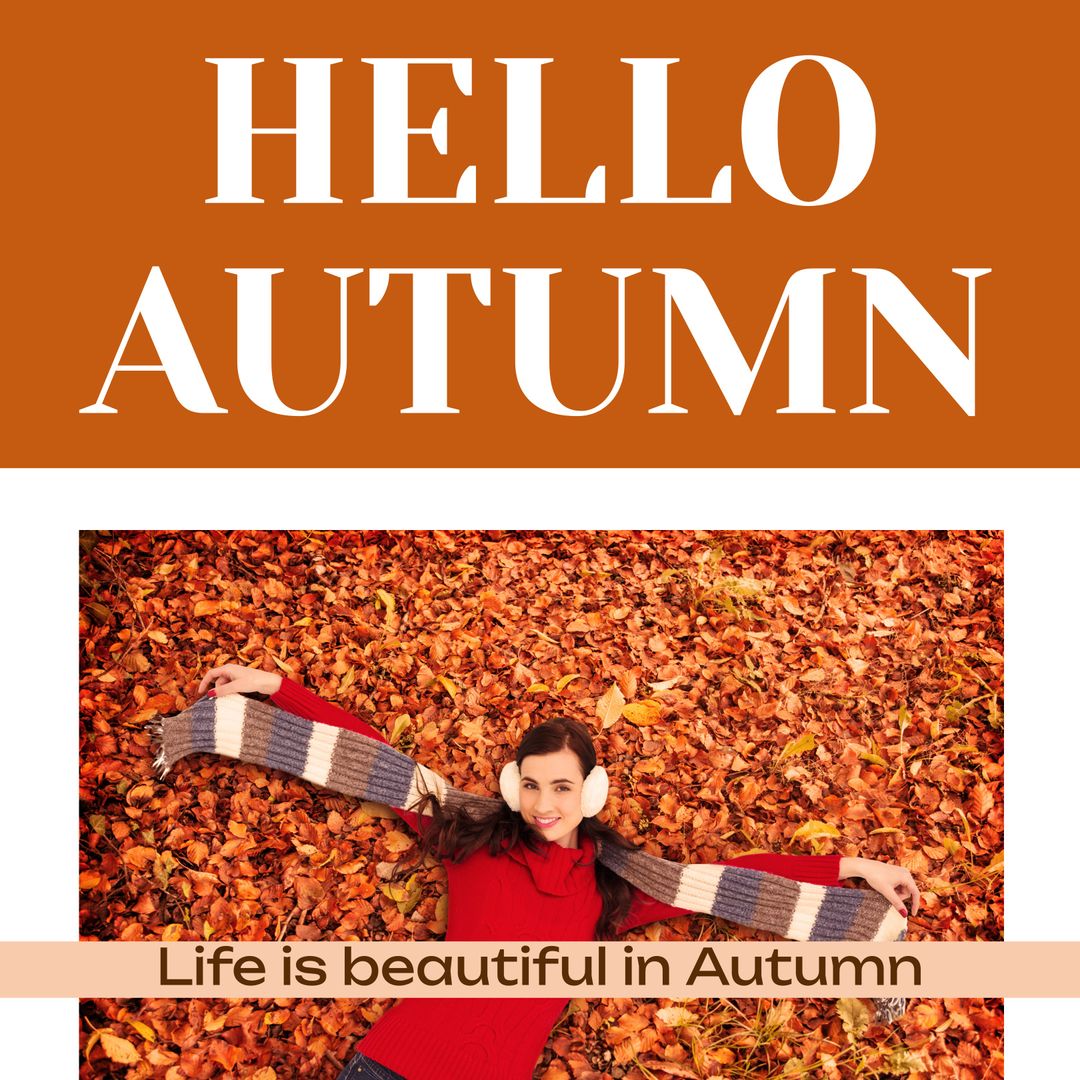 Joyful Woman Lying on Vibrant Autumn Leaves with Scarf