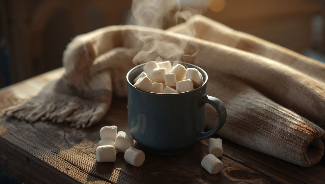 Steaming Mug of Hot Cocoa with Mini Marshmallows and Cozy Scarf