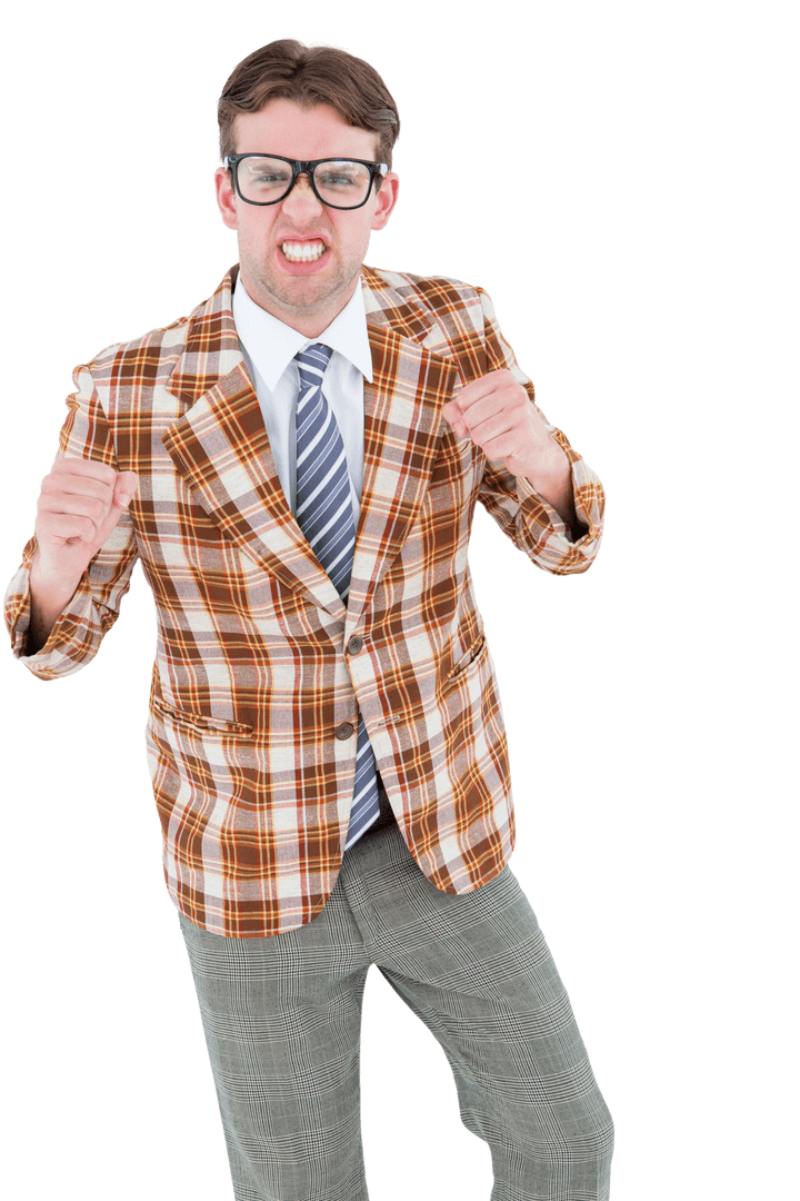 Angry Hipster in Plaid Suit on Transparent Background