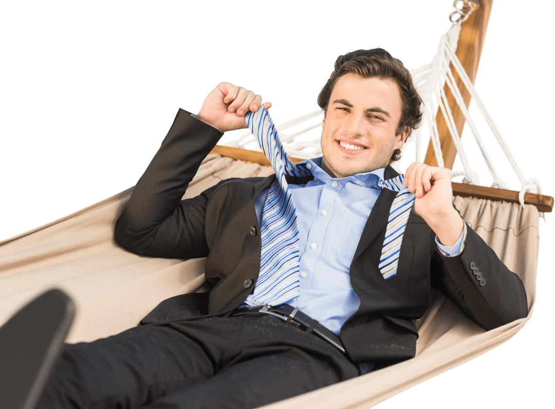 Relaxed Businessman Resting in Hammock on Transparent Background