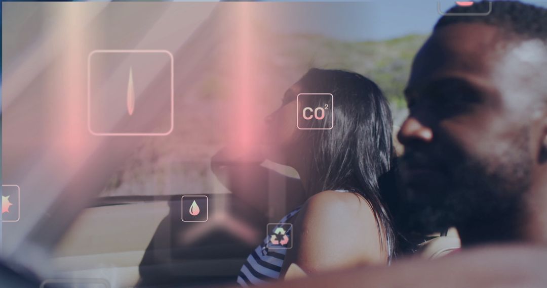 Couple Driving Convertible with Augmented Reality Interface Icons Displayed