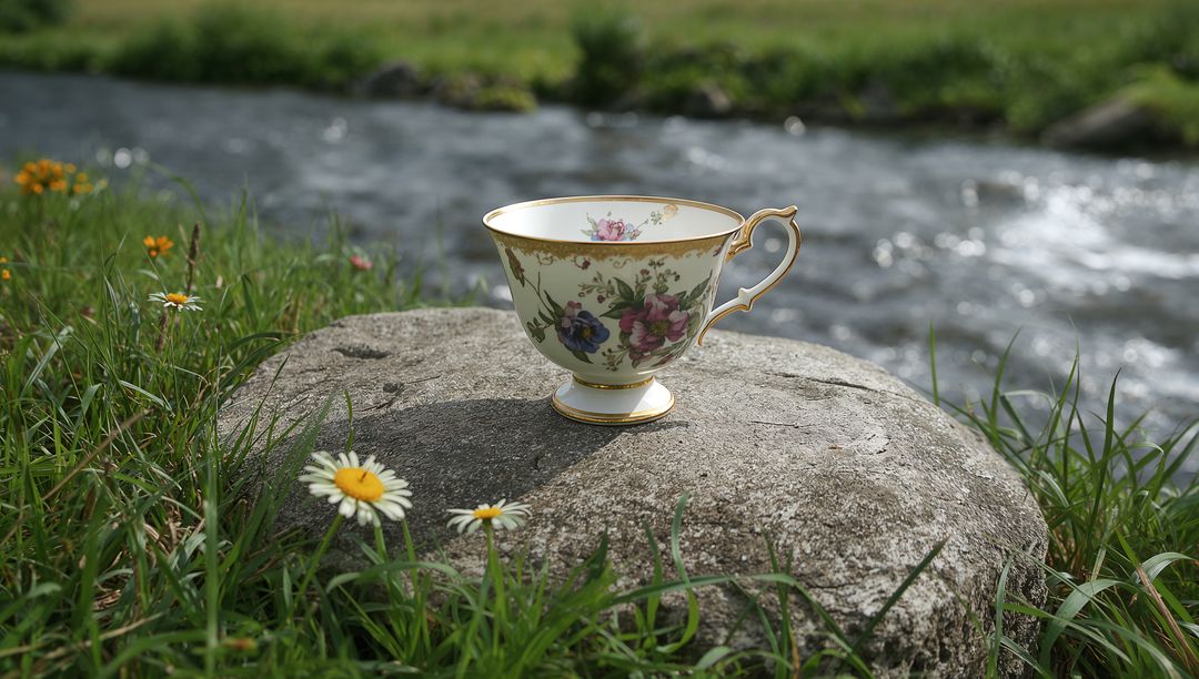 Ornate porcelain teacup with gold trim resting on riverbank rock in meadow