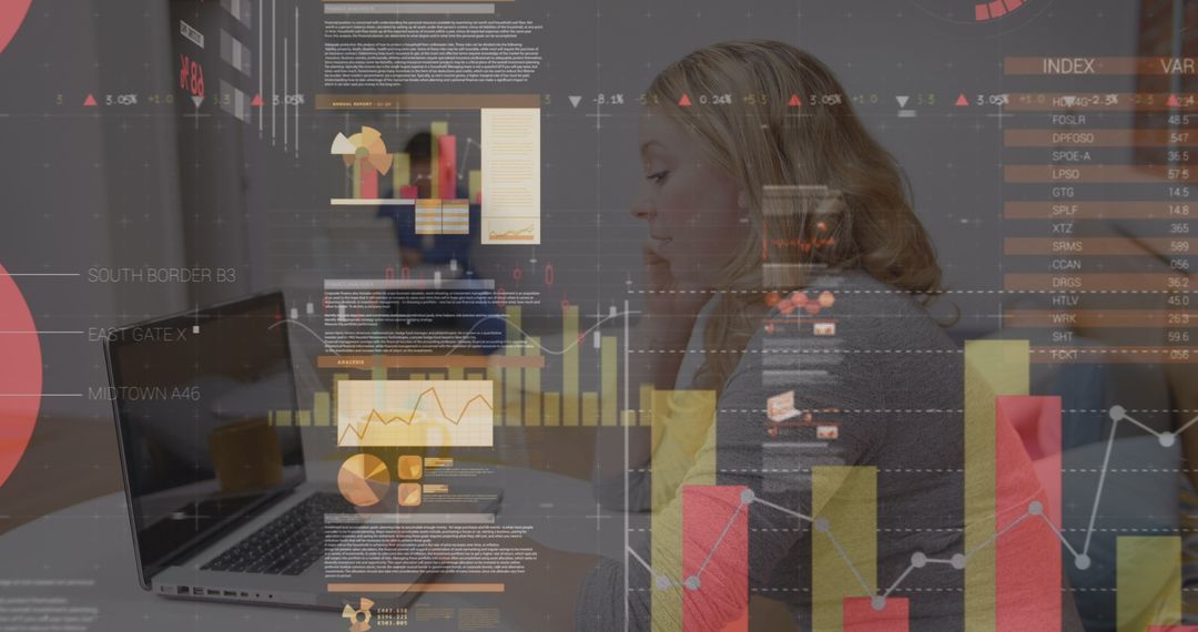 Woman Analyzing Complex Financial Graphs on Laptop