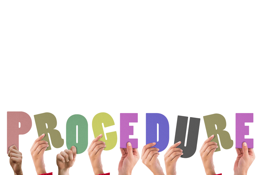 Hands holding colorful procedure text on transparent background