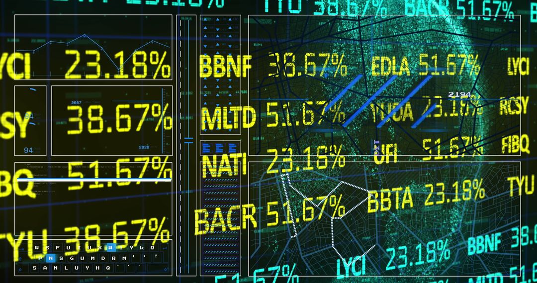 Futuristic Digital Trading Interface with Percentages and Data Visuals