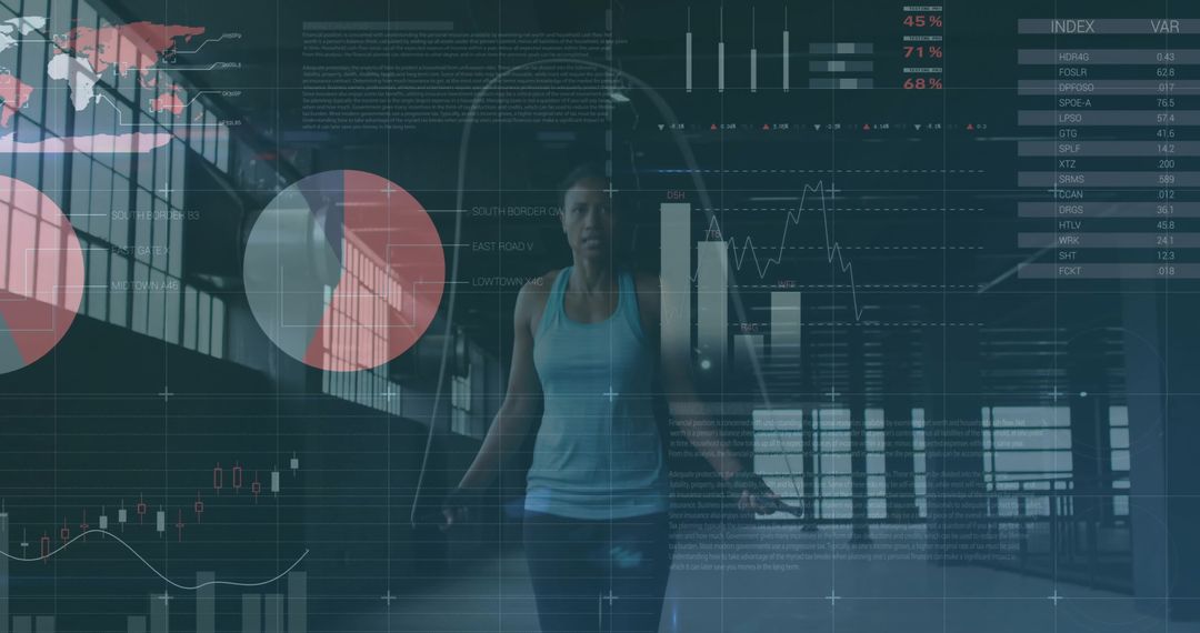 Athletic Woman Engaging in Jump Rope Exercise Amidst Digital Analytics